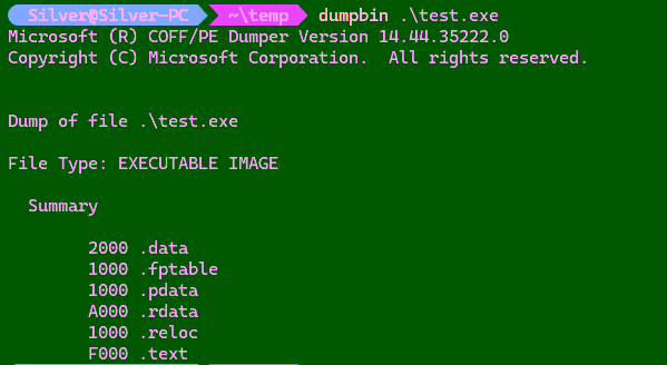 Windows dumpbin 工具输出的 PE 文件段信息，其中包含了 .rdata 段